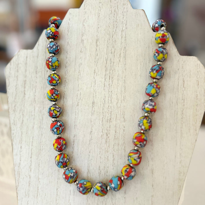 Ghanaian Krobo Bead Necklace | Red + Yellow + Aqua
