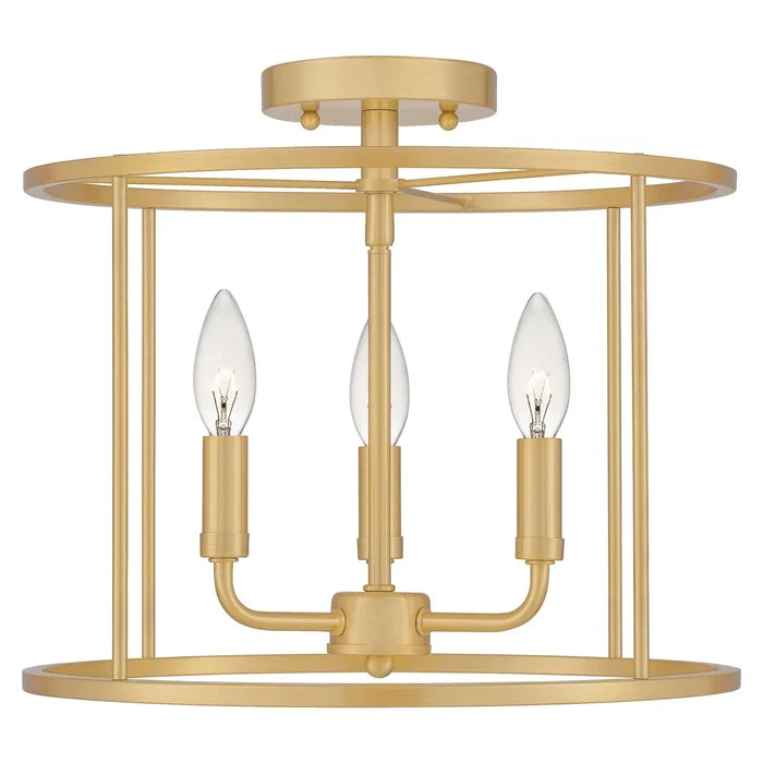 Aged brass semi-flush mount ceiling light, by Quoizel, for hallway, bedroom, or entryway