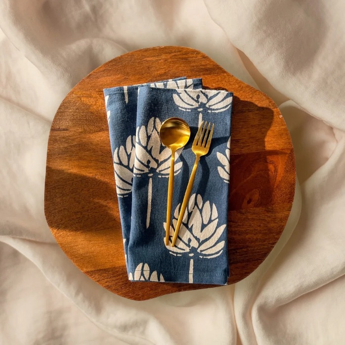 Block Print Linen Napkins | Navy Lotus Bloom
