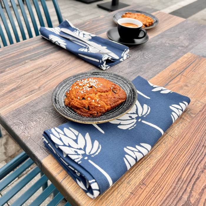 Block Print Linen Napkins | Navy Lotus Bloom