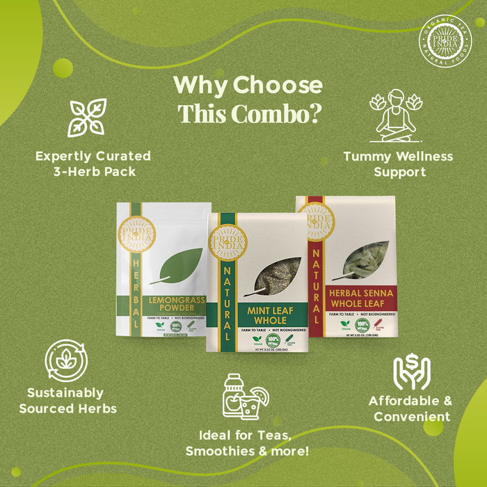 Digestive Health Trio 10.59 oz (300 gm) | Includes Mint Leaf Whole, Lemongrass Fine Cut & Senna Herbal Tea Leaf Whole | Perfect for Hot/Iced Tea, Mocktails | Promotes Inner Wellness | 3 PACK of 3.53 oz - Pride Of India