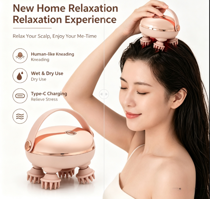 Woman using portable scalp massager at home