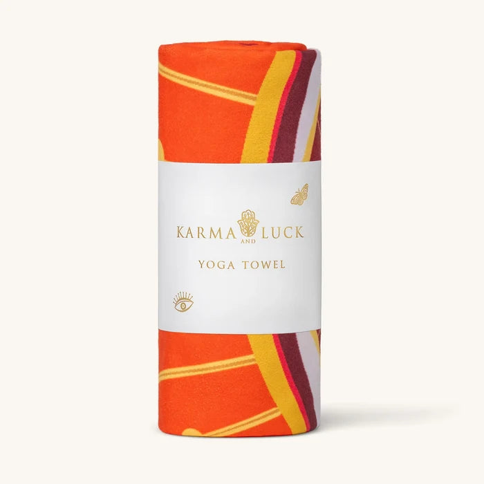 Karma Luck yoga towel with colorful design on a white background