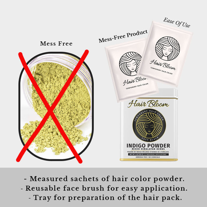 Hair Bloom Natural Jet Black Hair Color- Indigo Powder w/ Mixed Himalayan Herbs Hair Color Powder- 12 individual sachets (10 gm each)- Reusable Brush & Tray Included - Pride Of India