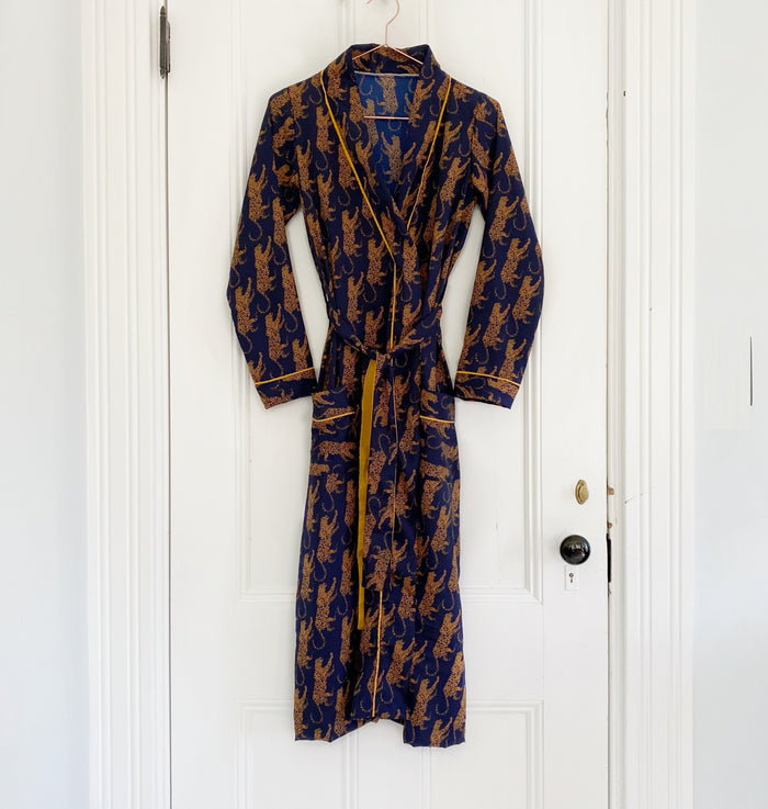 Navy Leopard Washable Silk Robe |  *SAMPLE* Size Small