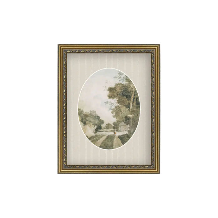 Oval Landscape with Cottages Framed Antique Art