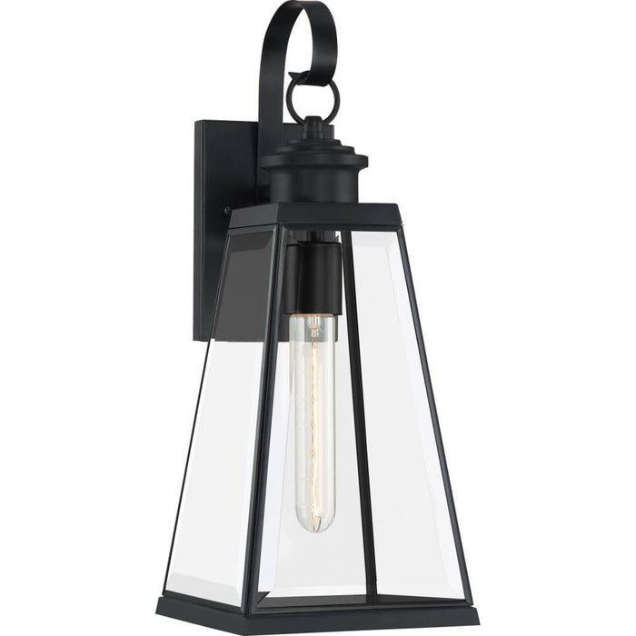 Matte black wall sconce, by Quoizel, for hallway or living room