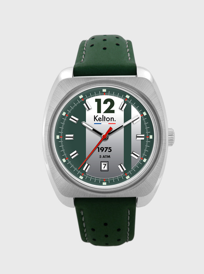 Montre Kelton RC 1975 cadran vert avec 12, boîtier argenté, bracelet cuir vert.