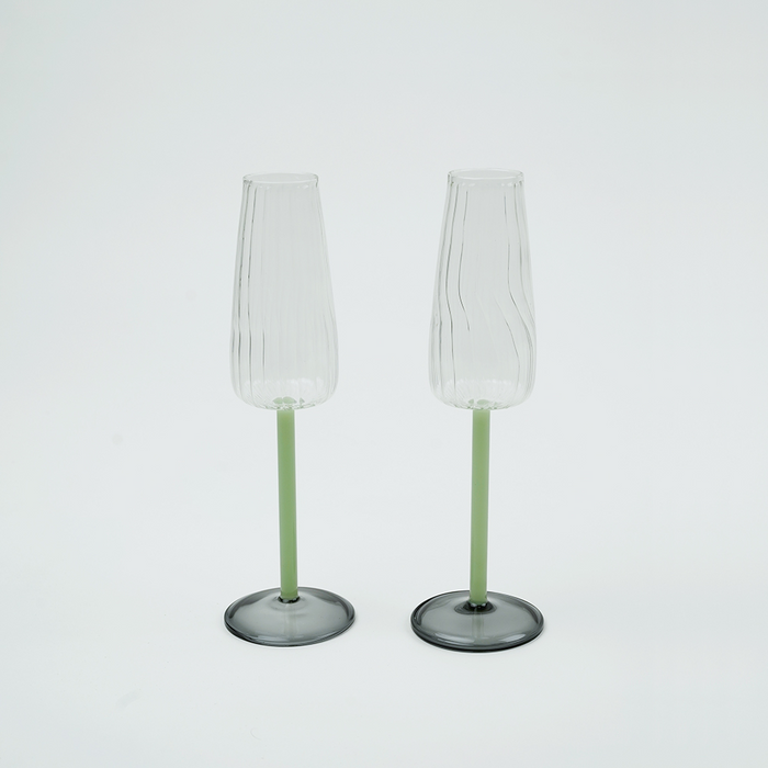 Ripple Borosilicate Glass Flute Set | Green + Grey