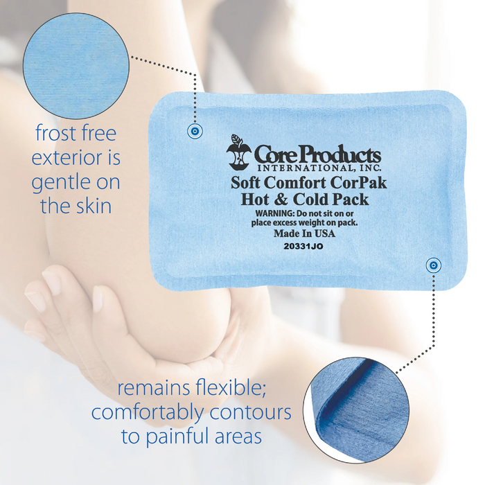 Core Products Soft Comfort CorPak hot and cold pack with text on frost-free exterior and flexibility.