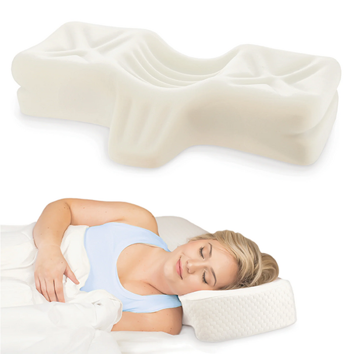 Woman lying on a white bed with a white pillow, above which is a close-up of the same pillow.