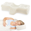Woman lying on a white bed with a white pillow, above which is a close-up of the same pillow.