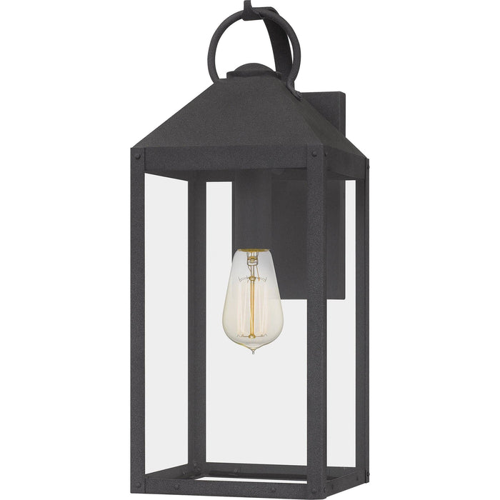 Mottled black wall sconce, by Quoizel, for hallway or living room