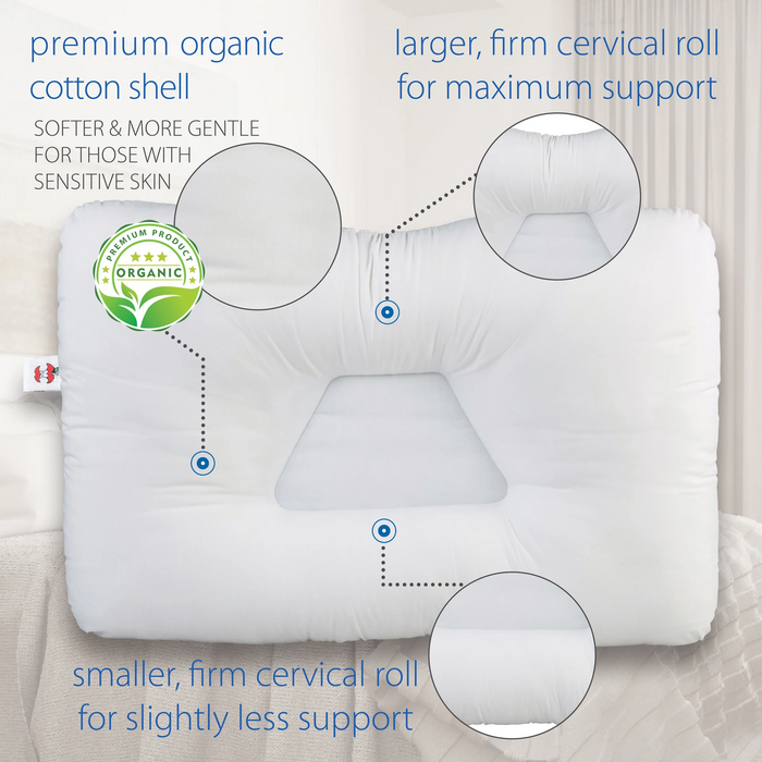 White pillow with organic cotton shell and cervical roll details on a neutral background