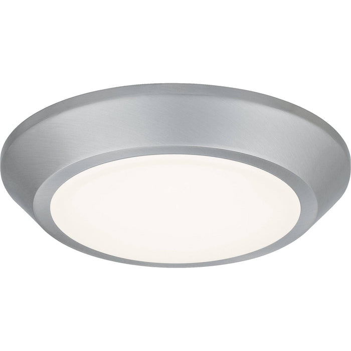 Brushed nickel flush-mount ceiling light, by Quoizel, for hallway, bedroom, or entryway