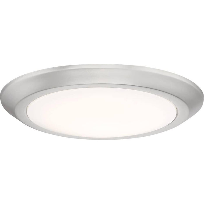 Brushed nickel flush-mount ceiling light, by Quoizel, for hallway, bedroom, or entryway
