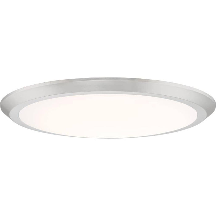 Brushed nickel flush-mount ceiling light, by Quoizel, for hallway, bedroom, or entryway